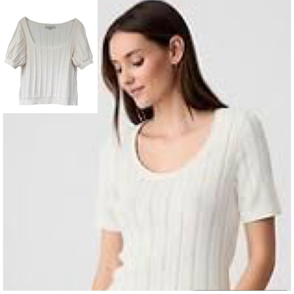 Vintage Sweater Puff Sleeve Ribbed Knit Square Neck Cream Off White Size Medium